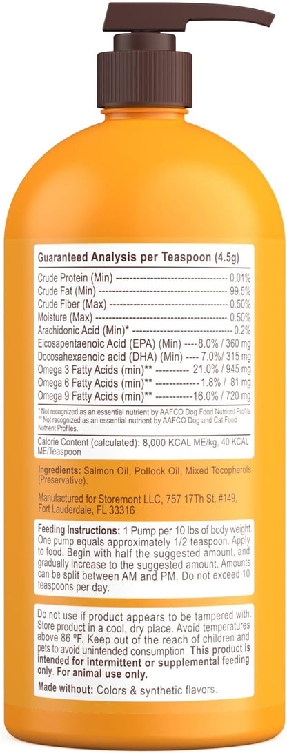 Petsmont Omega Love+ Wild Alaskan Salmon Oil for Dogs Formula 32 oz - Fish Omega Liquid Pump Cats Supports Joint Function Immune Heart Health Food Supplement Pets Natural EPA DHA Fatty Acids