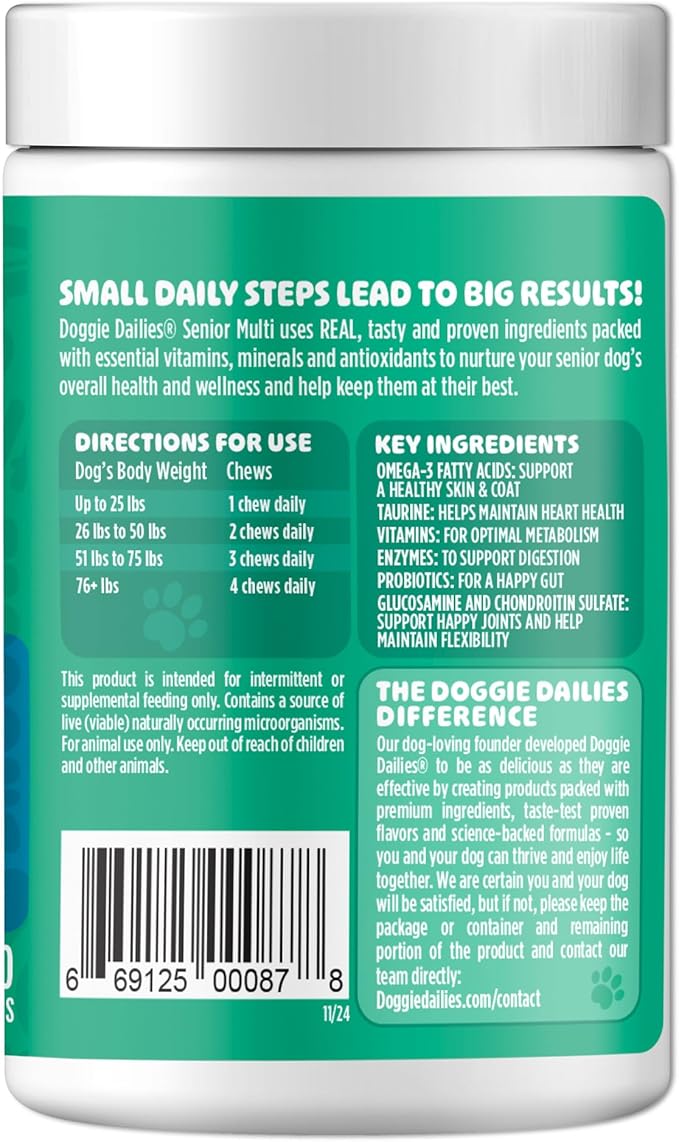 Doggie Dailies Senior Essentials Multivitamin for Dogs Soft Chews | Advanced Dog Multivitamin | Nutritional Support for Joints, Skin & Coat, Digestion, and the Immune System | Bacon Flavor | 120 Count