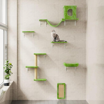 NUNU LAB Cat Wall Shelves, 6 Pcs Luxury Wall-Mounted Cat Climber Set, Indoor Cat Furniture with 1 Condos House, 2 Cat Wall Shelves, 1 Scratching, 1 Bridge Ladder, 1 Scratching Pad, Green