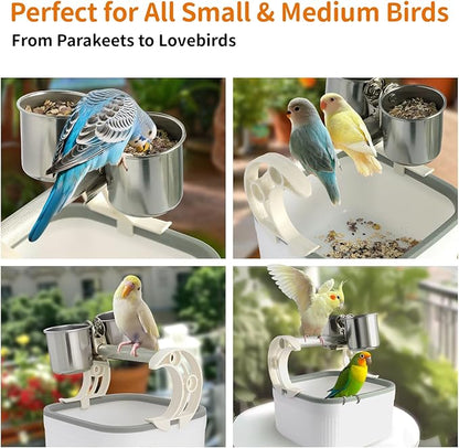 Bird Desktop Training Stand with Detachable Stainless Steel Double Bowls Feeder, Easy Clean Portable Bird Perches Stand with Detachable Base for Parakeets, Small-Sized Birds, Parakeet Cage Accessories