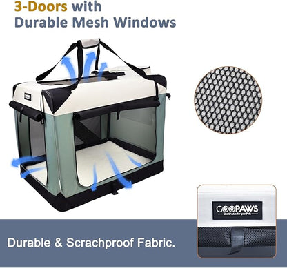 JESPET Soft Dog Crates Kennel for Pets, 3 Door Soft Sided Folding Travel Pet Carrier with Straps and Fleece Mat for Dogs, Cats, Indoor & Outdoor Use (5-Shale Green, X-Large(36" L x 24" W x 27" H))