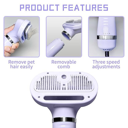 Spray Cat Brush for Shedding Pet Hair Dryer with Slicker Brush - Home Grooming Furry Portable Drying Blower for Short Straight Hair Cat - 3 in 1 Cleaning Brush for Cats and Dogs (PURPLE)