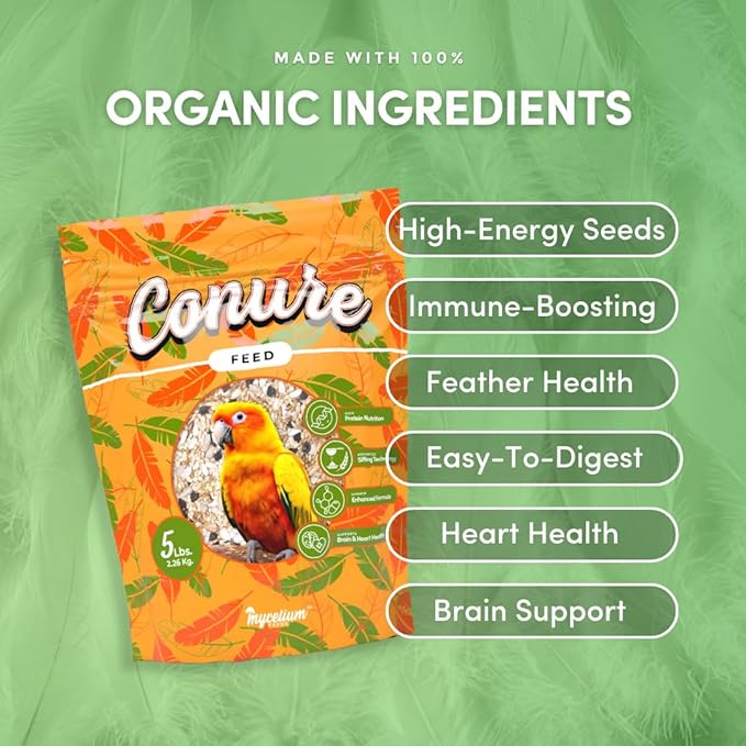 Mycelium Conure Feed (5 LB Bag) | Certified Organic, Non‑GMO Conure Food | Natural, Filler‑Free Bird Seed with Hulled Grains | Supports Brain, Heart & Digestive Health | Made in USA
