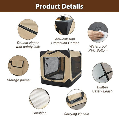 36 Inch Collapsible Soft Dog Crate for Large Dogs, 4-Door Foldable Travel Dog Kennel with Durable Mesh Windows for Indoor & Outdoor Portable Pet Crate, Soft Side Dog Crate, Beige