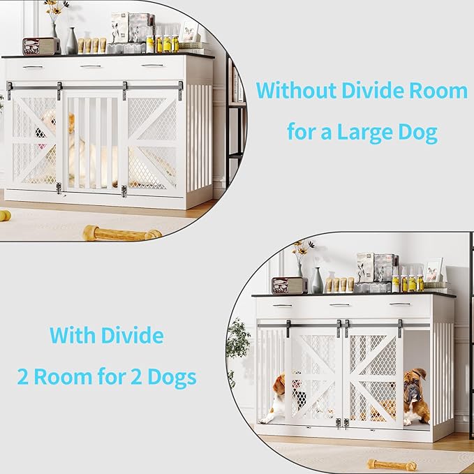 48'' Large Dog Crate Furniture with Divider and 3 Drawers, Wooden Double Dog Cage TV Stand with 2 Sliding Barn Doors, Extra Large Dog Cage Table, Sturdy Dog Kennel Indoor(White)