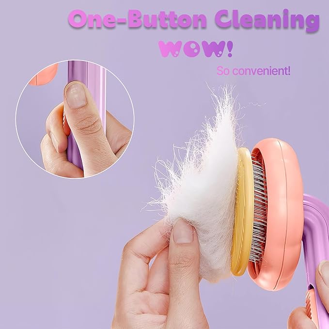 Pumpkin Cat Brush, Self Cleaning Cat Brush with Release Button, Cat Hair Brush for Shedding, Pet Grooming Brush for Short and Long Haired Cats Dogs (Purple)