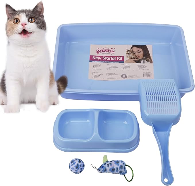 PAWISE Small Cat Litter Box, Kitten Litter Box Starter Kit, Low Entry Baby Catty Training Litter Box with Scoop, Bowls,Cat Mouse Toy and Cat Ball Toy,First Kitten Owner Essentials (Blue)