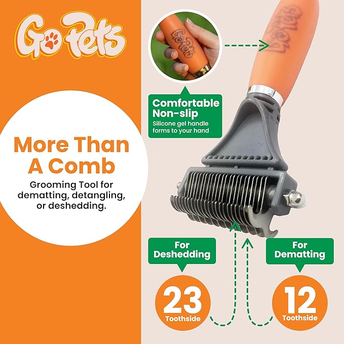 GoPets 2-Sided Deshedding & Dematting Comb for Dogs, Cat Grooming Brush, Undercoat Brush for Mats, Tangles, & Shedding, Stainless Steel Blades, Ergonomic Handle, Ideal for All Breeds & Coat Types