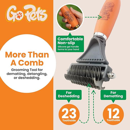 GoPets 2-Sided Deshedding & Dematting Comb for Dogs, Cat Grooming Brush, Undercoat Brush for Mats, Tangles, & Shedding, Stainless Steel Blades, Ergonomic Handle, Ideal for All Breeds & Coat Types