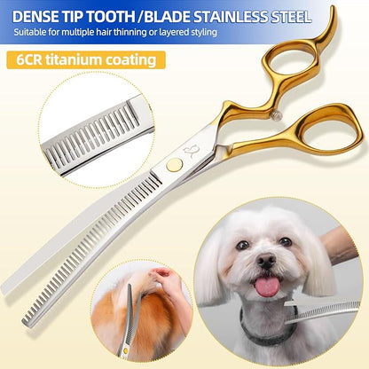 Dog Grooming Scissors,Curved Chunkers Shears Dog Grooming with Safety Round Tips, Sharp and Comfortable 4 in 1 Dog Scissors for Grooming