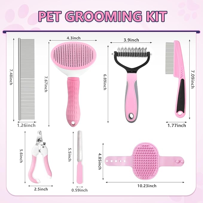 Dog Brush Dog Grooming Kit 7PCS Dog Brush for Shedding-Dog Brushes for Grooming, Dematting Comb for Dogs, Cat & Dog Nail Clipper with Nail File, Flea Comb, Pet Comb, Dog Bath Brush-Pink