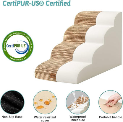 Dog Stairs for Small Dogs 19.7" H, Pet Step with Leakproof Cover, High Density Foam Cat Ramp for Bed, Couch or Sofa, Lightweight, Durable, Comfort, 15.7x28.3x19.7 inch, 4 Tiers, Light Brown