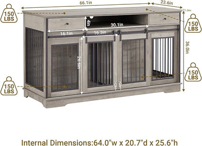 Rovibek 66 Double Dog Crate Furniture for 2 Dogs, Large Double Dog Kennel Furniture TV Stand, Furniture Style Dog Crates End Table, Wood Crates for Dogs Kennel Indoor Grey