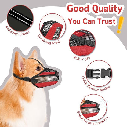 Dog Muzzle for Large Medium Small Dogs, Soft Mesh Muzzle for Dogs with Reflective Adjustable Strap, Prevent Biting Chewing and Licking, Dog Nose Open Design for Reduction Friction (Red, L)