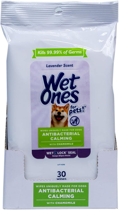 Wet Ones for Pets Antibacterial Calming Wipes with Chamomile, 30ct, Calming Lavender Scent | Dog Cleaning Wipes, Durable Disposable Dog Wipes for Paws, Scented Dog Wipes