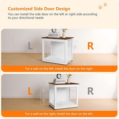DWANTON Dog Crate Furniture with Cushion, Wooden Dog Crate with Double Doors, Dog Furniture, Dog Kennel Indoor for Small Dogï¼_nd Table, 27.2" L, White+Rustic Brown