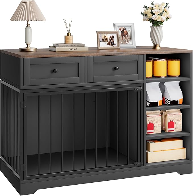 IDEALHOUSE 47” Large Dog Crate, Dog Kennel Indoor with 2 Drawers and 4 Shelves, Dog Crate Furniture TV Stand, Wooden Dog Cage for Medium Large Dogs, Black