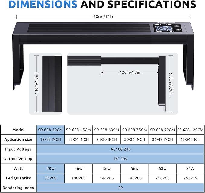 SEAOURA 24/7 LED Aquarium Light for 12-18 Inch Fish Tank, Fish Tank Light for Plants, Auto On Off with Timer, 9 Colors, Adjustable Brightness, Daylight & Moonlight, DIY and Nature Weather Mode, 20W
