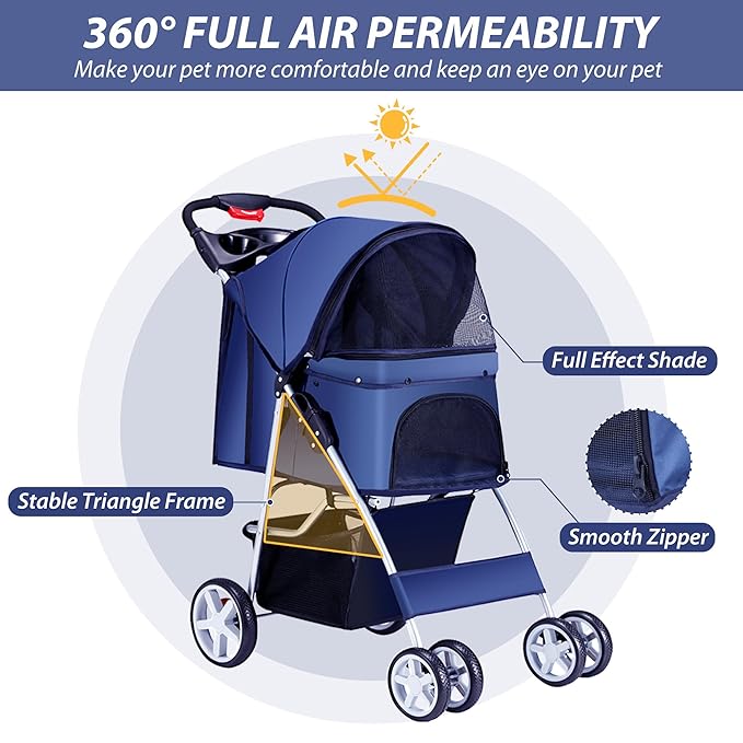 4 Wheels Pet Stroller for Small Medium Dogs Cats 33 lbs, Breathable Foldable Jogger Stroller with Storage Basket, Travel Puppy Stroller for All-Season, Move Pad & Protective Lock, Navy Blue