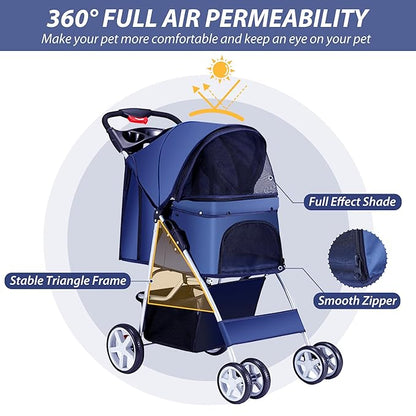 4 Wheels Pet Stroller for Small Medium Dogs Cats 33 lbs, Breathable Foldable Jogger Stroller with Storage Basket, Travel Puppy Stroller for All-Season, Move Pad & Protective Lock, Navy Blue