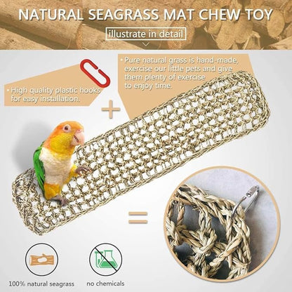 2Pcs Bird Seagrass Mat 30 × 7" Natural Grass Woven Net Hammock with Hooks Climbing Rope Ladder Chew Toys Hanging on Parrot Cage for Lovebird Pigeon Cockatiel Conure Budgie Cockatoo