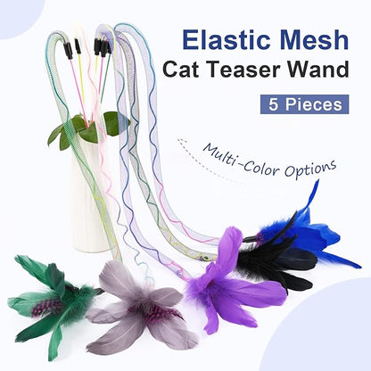 SONGWAY Cat Rainbow Wand Toy - Rainbow Cat Feather Toys with Bells, Colorful Mesh Teaser Wand with Feather Tail, Interactive Toys for Indoor Cats Kittens, Dark Color