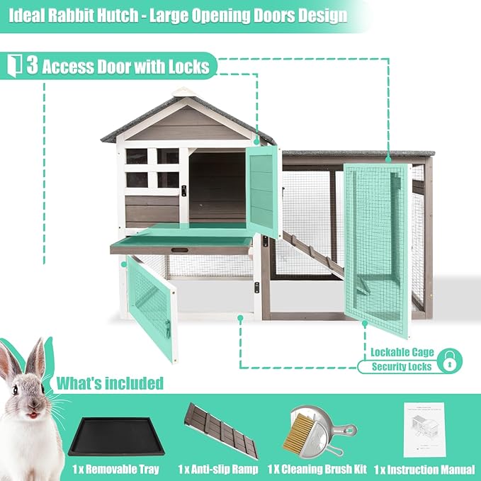 48" L Rabbit Hutch Indoor Outdoor Rabbit Cage with Run, Pull Out Tray, Asphalt Roof Large 2 Story Bunny Hutch Wooden Chicken Coop Guinea Pigs Pet House Cage for Small Animals(Grey)