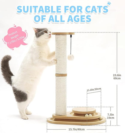 Made4Pets Cat Scratching Post Cat Scratcher Kitten Toys for Indoor Cats Wooden Ball Track Two-Layer Modern Sisal 23.4" Tall Scratch Post Interactive Toy with Dangling Ball Middle Size