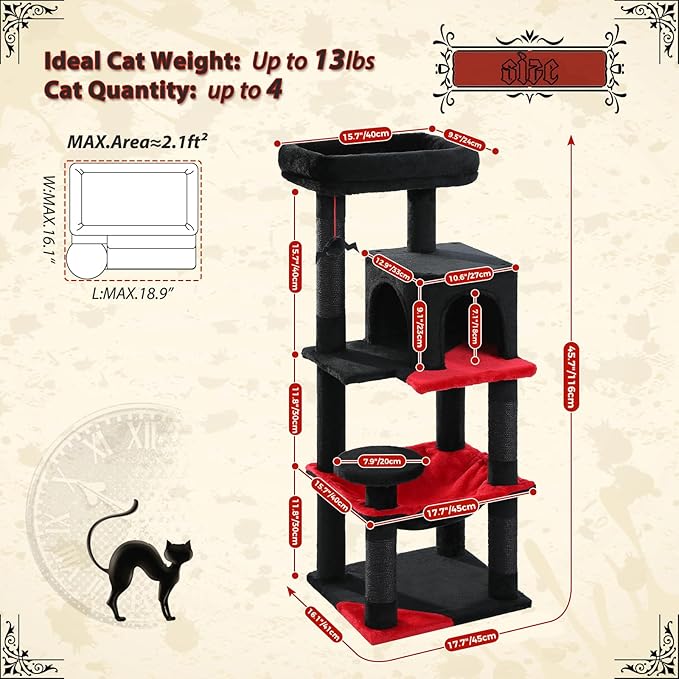 PETEPELA 45.7" Gothic Cat Tree for Indoor Cats, Cat Tower for Large Cats with Metal Frame Large Hammock (17.3"x15.3"), Cat Condo with (18.5"x13") Big Top Perch & 4 Sisal Covered Scratching Posts,Black