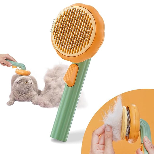 Pumpkin Cat Dog Brush, Self Cleaning, for Shedding, Pet Grooming Brush for Short and Long Haired Cats Dogs, Green