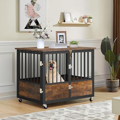 YITAHOME 38" Dog Crate Furniture with Wheels, Heavy Duty Wood Dog Cage Table with Double-Doors Chew-Resistant Wooden Dog Kennel Indoor for Large and Medium Dogs Rustic Brown