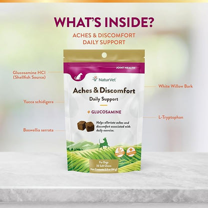 NaturVet Aches & Discomfort Dog Supplement Plus Glucosamine, Boswelia, White Willow Bark – Supports Canine Joint Health, Function – Helps Relieves Exercise Aches for Dogs – 30 Ct. Soft Chews