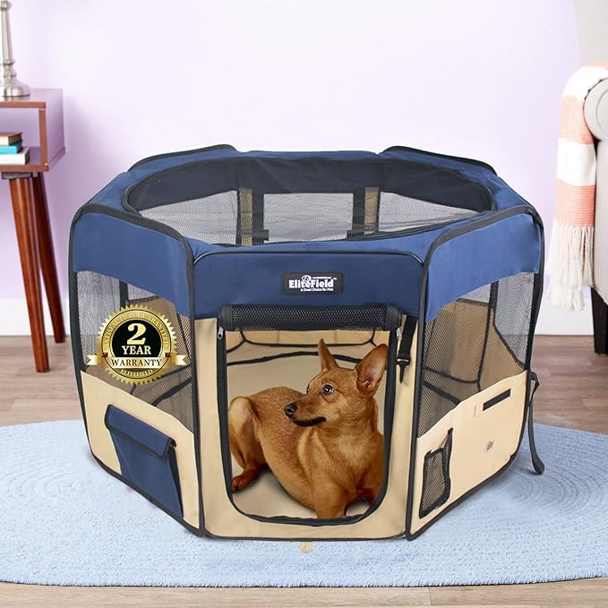 EliteField 2-Door Soft Pet Playpen (2 Year Warranty), Exercise Pen, Multiple Sizes and Colors Available for Dogs, Cats and Other Pets (30" x 30" x 20"H, Navy Blue+Beige)