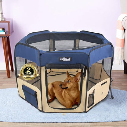 EliteField 2-Door Soft Pet Playpen (2 Year Warranty), Exercise Pen, Multiple Sizes and Colors Available for Dogs, Cats and Other Pets (30" x 30" x 20"H, Navy Blue+Beige)