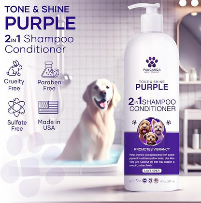 Pawganica 2-in-1 Purple Shampoo for Dogs, Supports Coat Whitening & Softness, pH-Balanced, Fur Whitening Dog Shampoo and Conditioner, Shampoo for Smelly Dogs 8 fl oz