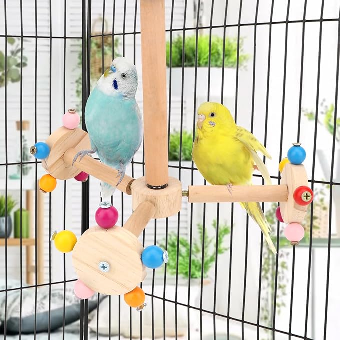 Hypeety Spinning Bird Perch Stand Toy Natural Wood Interactive Exercise Wheel Parrot Perch Toys Bird Rotating Perch for Parrot Parakeets Budgies Lovebirds Finch Conures (3 Stands)