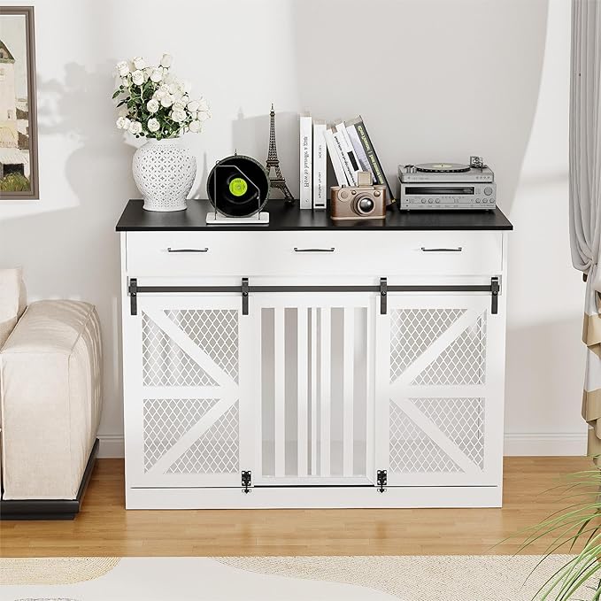48'' Large Dog Crate Furniture with Divider and 3 Drawers, Wooden Double Dog Cage TV Stand with 2 Sliding Barn Doors, Extra Large Dog Cage Table, Sturdy Dog Kennel Indoor(White)
