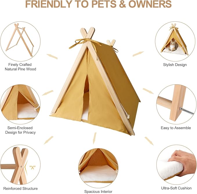 Pet Teepee with Thick Cushion, Portable Dog House Tipi Bed Pet Tents for Small Dogs Puppy and Cats, 24 * 22 in