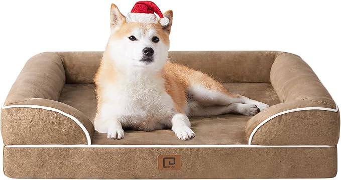 EHEYCIGA Orthopedic Dog Beds for Large Dogs, Waterproof Memory Foam Large Dog Bed with Sides, Non-Slip Bottom and Egg-Crate Foam Large Dog Couch Bed with Washable Removable Cover, Camel