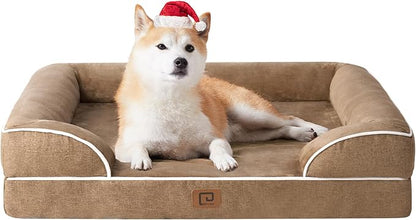 EHEYCIGA Orthopedic Dog Beds for Large Dogs, Waterproof Memory Foam Large Dog Bed with Sides, Non-Slip Bottom and Egg-Crate Foam Large Dog Couch Bed with Washable Removable Cover, Camel