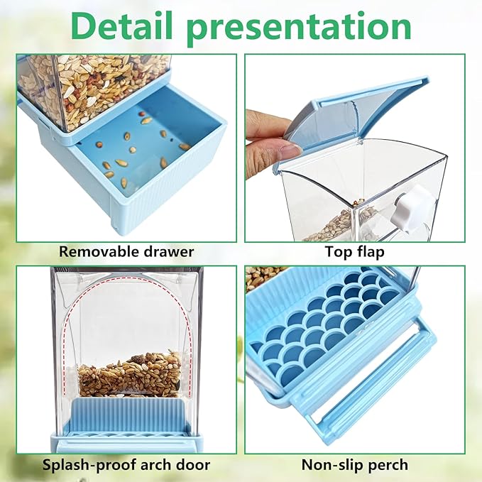 Hamiledyi Automatic Bird Feeder No Mess Bird Cage Feeder Transparent Acrylic Parrot Seed Food Container with Perch Cage Accessories for Parakeet Finch Lovebirds Budgies Canary (Blue)