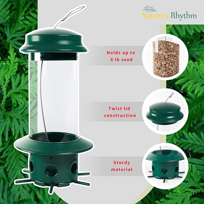 Nature's Rhythm Hanging Classic Tube Wild Bird Feeder Premium Hard Plastic Steel Hanger Weatherproof and Water Resistant