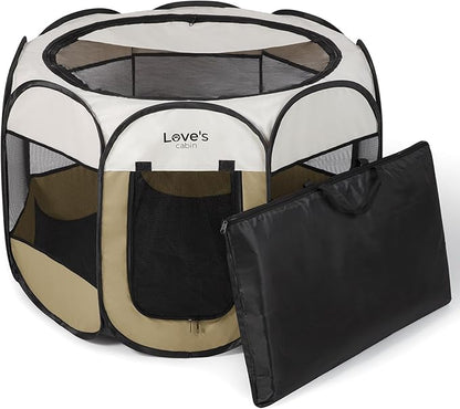 Love's cabin Pet Puppy Dog Playpen, Medium Dog Tent Crates Cage Indoor/Outdoor, Portable Playpen for Cat, Foldable Pop Up Dog Kennel Playpen with Carring Case, Removable Zipper Top, Khaki