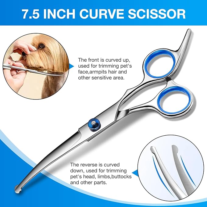 Dog Grooming Scissors Curved Shears Set Rounded Trimming Scissors for Professional Pet Dogs Cats Doodles Face Paws Matted Hair Removal at Home Use Supplies Station for Carding Tools and Trimmer