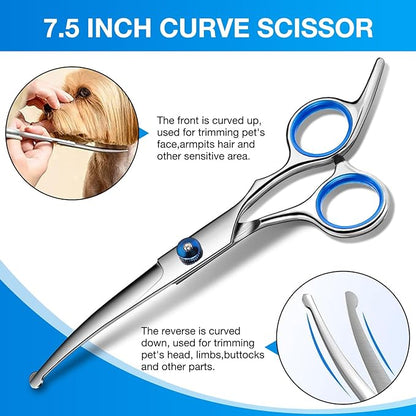 Dog Grooming Scissors Curved Shears Set Rounded Trimming Scissors for Professional Pet Dogs Cats Doodles Face Paws Matted Hair Removal at Home Use Supplies Station for Carding Tools and Trimmer