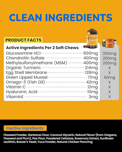 Glucosamine for Dogs 260Ct Chews - 23oz Dog Hip and Joint Supplement Chews, Chondroitin Joint Supplement for Dog, USA Lab Formula with Probiotics, Natural Support for Dogs