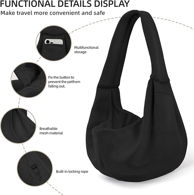 Dog Carrier Sling - Ultra Breathable Reversible Puppy Carrier Purse with Storage Pocket, Travel Safety Harness, Hand-Free Dog Sling Carrier for Carry Small Dogs and Cats, Dog and Cat Harness(Black)