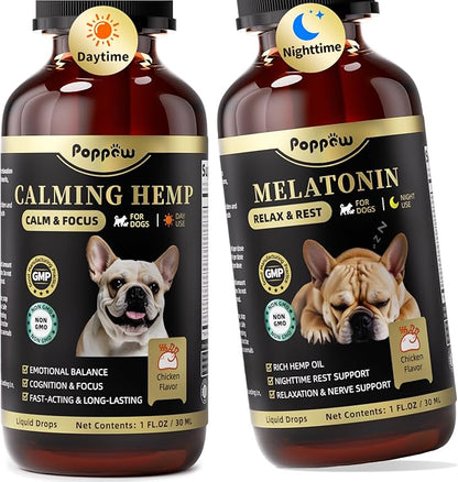 Hemp & Melatonin Calming Drops for Dogs – Day & Night Calming Treat for Anxiety Relief, Stress, Aggression, Separation, Relaxation & Sleep Aid, Chicken Flavor, 2 FL Oz