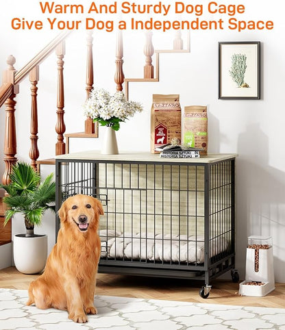 Dog Crate Furniture, 27.2" Wooden Dog Kennel Indoor, Double Doors Dog Cage with Removable Tray, Wheels, Large Dog Crate End Table for Medium/Large Dogs, Grey