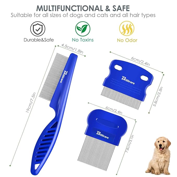 3 Pack Dog Grooming Comb, Flea Lice Pet Combs, Stainless Steel Cat Combs with Rounded Teeth, Professional Metal Tear Stain Remover, Dematting Tool for Small, Medium & Large Pets